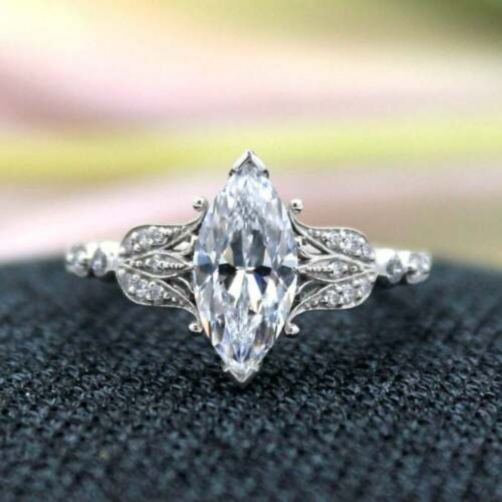 🌸Dainty Marquis Shiny Royal Court Carved Thin Noble Silver UNVN12266